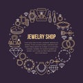 Jewelry shop, diamond accessories banner illustration. Vector line icon of jewels - gold engagement rings, gem earrings Royalty Free Stock Photo