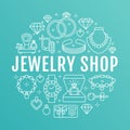 Jewelry shop, diamond accessories banner illustration. Vector line icon of jewels - gold engagement rings, gem earrings Royalty Free Stock Photo