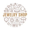 Jewelry shop, diamond accessories banner illustration. Vector line icon of jewels - gold engagement rings, gem earrings Royalty Free Stock Photo