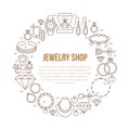 Jewelry shop, diamond accessories banner illustration. Vector line icon of jewels - gold engagement rings, gem earrings Royalty Free Stock Photo