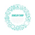 Jewelry shop, diamond accessories banner illustration. Vector line icon of jewels - gold engagement rings, gem earrings Royalty Free Stock Photo