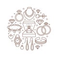 Jewelry shop, diamond accessories banner illustration. Vector line icon of jewels - gold watches, engagement rings, gem Royalty Free Stock Photo