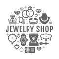 Jewelry shop, diamond accessories banner illustration. Vector silhouette icon of jewels - gold engagement rings Royalty Free Stock Photo