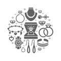 Jewelry shop, diamond accessories banner illustration. Vector silhouette icons of jewels gold watches, engagement rings