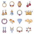 Jewelry shop icons set, cartoon style