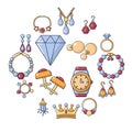 Jewelry shop icons set, cartoon style