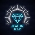 Jewelry shop neon sign. Diamond icon neon banner.