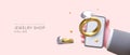 Jewelry store online. 3D hand holding smartphone. Horizontal concept for jewelry site, application