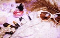 Jewelry table with lot of girl stuff on it, little mess in cosme Royalty Free Stock Photo