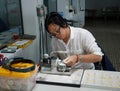 Jewelry worker setting produced high-quality pearl at Tung Sau Pearl Farm in Vietnam