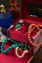 Jewels box with necklaces, earrings, bracelet, rings and perfume