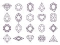 Jewels diamond icons. Diamonds gems, luxury jewel gemstones and precious gem isolated vector line icon set Royalty Free Stock Photo