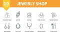 Jewerly Shop icon set. Collection of simple elements such as the engagement rings, watches, ring box, pearl necklace