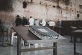 Jewish bible on table, wailing western wall, jerusalem, israel. book of the Torah-the Pentateuch of Moses on the prayer table on Royalty Free Stock Photo