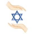 Jewish blue Star of David holding with hands watercolor illustration for Stand with Israel, support and peace