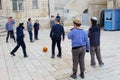 Februari 2019, Jewish boys yarmulke playing football street, Jewish quarter, Jerusalem