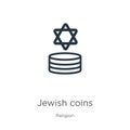 Jewish coins icon. Thin linear jewish coins outline icon isolated on white background from religion collection. Line vector jewish