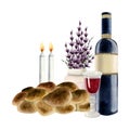 Jewish faith Shabbat scene with two burning candles, challah, lavender flowers bouquet and red wine glass illustration