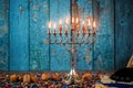 Selective focus of Hanukkah menorahs traditional candelabra in the Jewish Festival Royalty Free Stock Photo