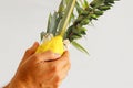 Jewish festival of Sukkot. Jewish man holding traditional symbols The four species: Etrog, lulav, hadas, arava