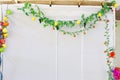 Jewish festival of Sukkot. Traditional succah (hut) from white fabric and colorful decorations