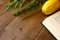 Jewish festival of Sukkot. Traditional symbols The four species: Etrog, lulav, hadas, arava. Royalty Free Stock Photo