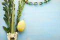 Jewish festival of Sukkot. Sukkot traditional symbols. Four species etrog, lulav, willow and myrtle.