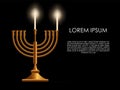 Jewish the first day holiday Hanukkah background, realistic menorah traditional candelabra, burning candles, blur effect. Religi Royalty Free Stock Photo