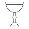 Jewish goblet thin line icon, cup and judaism, kiddush wine cup sign, vector graphics, a linear pattern on a white