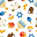 Jewish Hanukkah celebration seamless pattern with holiday objects