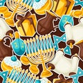 Jewish Hanukkah celebration seamless pattern with holiday sticker objects Royalty Free Stock Photo