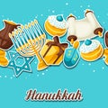 Jewish Hanukkah celebration seamless pattern with holiday sticker objects Royalty Free Stock Photo