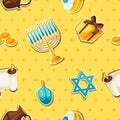 Jewish Hanukkah celebration seamless pattern with holiday sticker objects