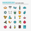 Jewish Hanukkah Colorful Flat Line Icons Set