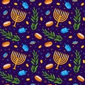 Jewish Hanukkah. Religious holiday. Candles menorah and donut pattern. Happy food design. Creative celebration. Dreidel Royalty Free Stock Photo