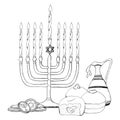 Jewish Hanukkah symbols black and white vector illustration with menorah, candles, donuts, jug of olive oil and coins