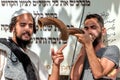 Jewish hasid blows Shofar. Rosh Hashanah, Jewish New Year.