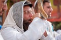 Jewish hasid blows Shofar. Rosh Hashanah, Jewish New Year.