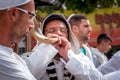 Jewish hasid blows Shofar. Rosh Hashanah, Jewish New Year.