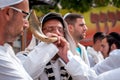 Jewish hasid blows Shofar. Rosh Hashanah, Jewish New Year.