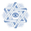 Jewish hexagonal star with all seeing eye of god sacred geometry religion symbol created from two dimensional triangles impossible