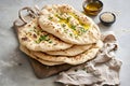 Jewish holiday bread matzah on kitchen table. Stask of matza or matzoh. Happy Passover