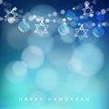 Jewish holiday Hannukah greeting card with garland of lights and jewish stars,