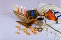 prayer shawl, jewish cap and nine candle menorah Royalty Free Stock Photo