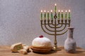 Jewish holiday Hanukkah background with menorah and dreidel with letters Gimel and Nun Royalty Free Stock Photo