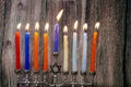 Jewish holiday Hanukkah background with menorah over chalkboard Royalty Free Stock Photo
