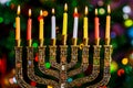 jewish holiday Hanukkah background with menorah traditional candelabra and burning candles defocused bokeh, Royalty Free Stock Photo