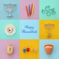 Jewish holiday Hanukkah collage background with traditional spinnig top, menorah traditional candelabra, doughnut and candles Royalty Free Stock Photo