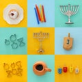 Jewish holiday Hanukkah collage background with traditional spinnig top, menorah & x28;traditional candelabra& x29; Royalty Free Stock Photo