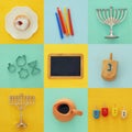 jewish holiday Hanukkah collage background with traditional spinnig top, menorah & x28;traditional candelabra& x29; Royalty Free Stock Photo